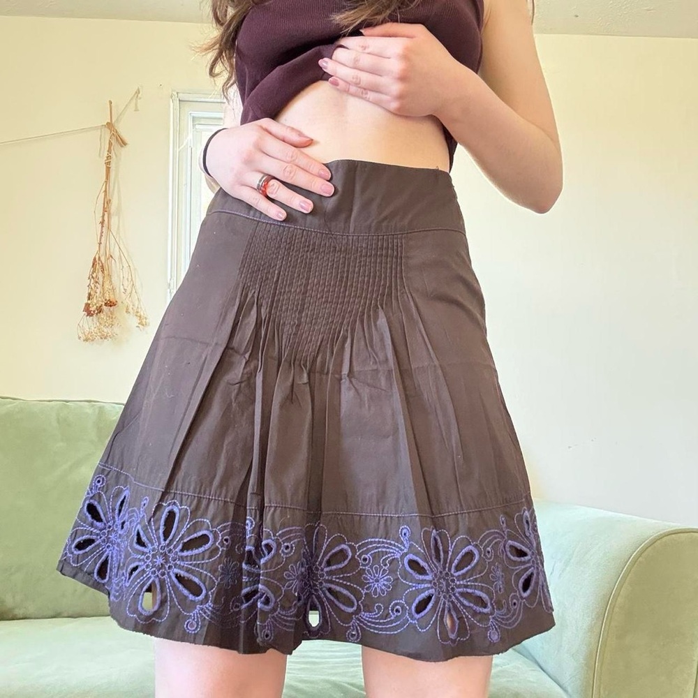 Promod Brown A-Line Skirt with Purple Floral Embroidery Boho Sz euro 38